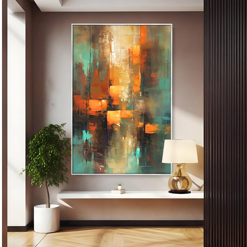 Tablou canvas cu pictura abstracta cu linii verticale, in rama de aluminiu argintiu
